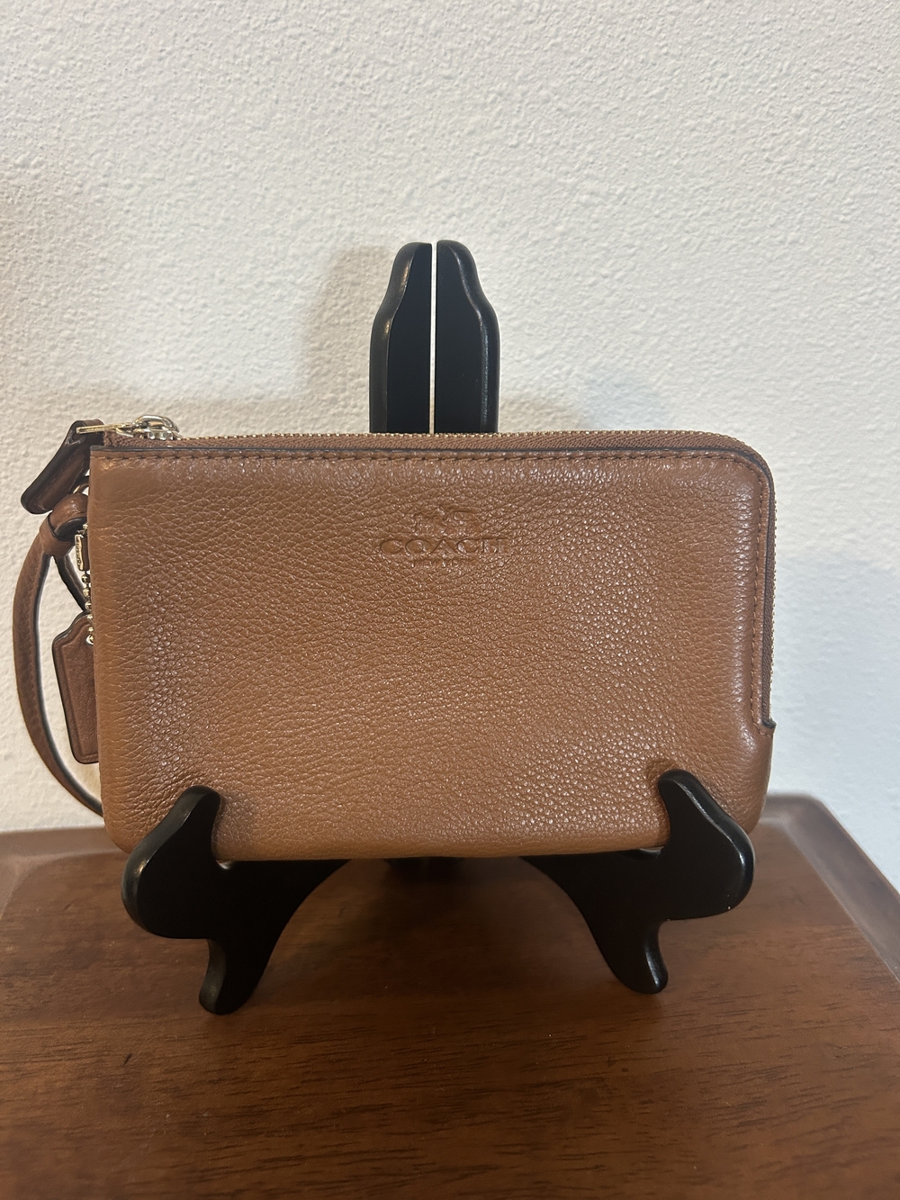 Coach Tan Pebbled Leather Double Zip Wristlet